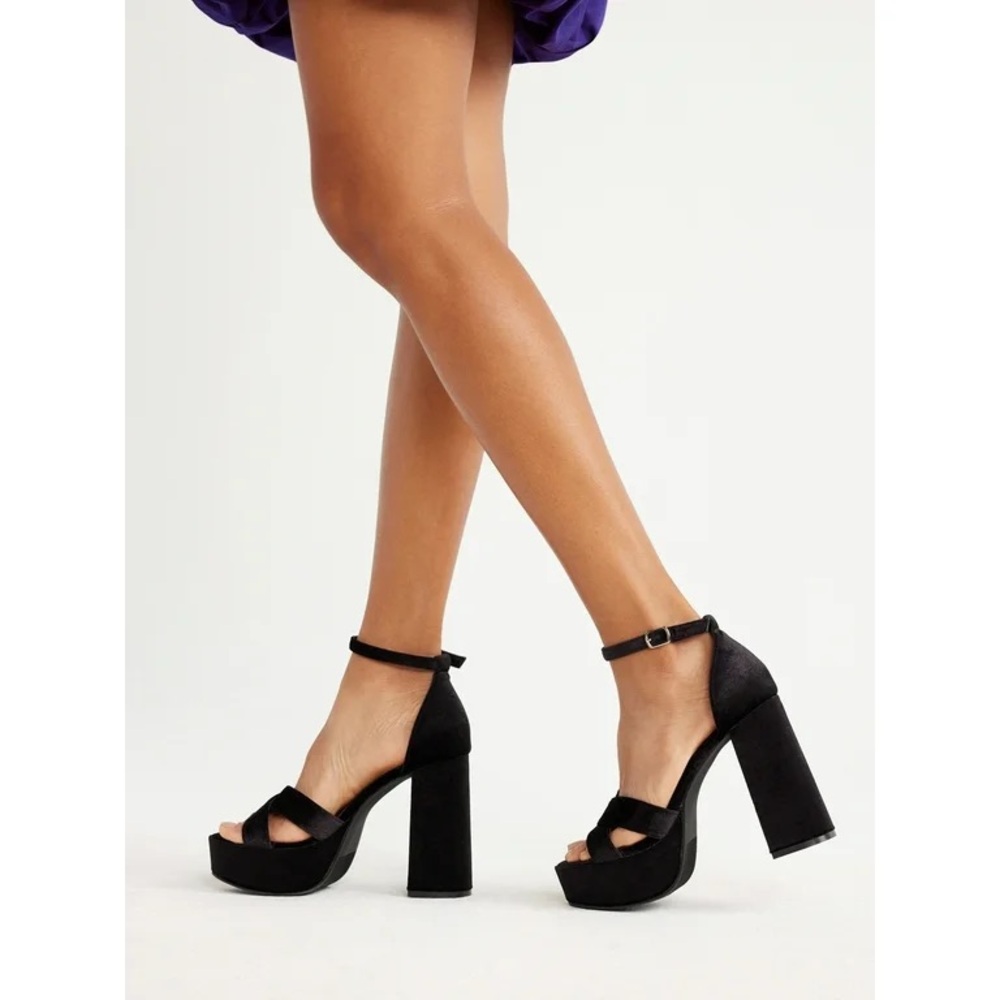 Scoop Black Velvet Platform Heeled Sandals - Picture 4 of 13